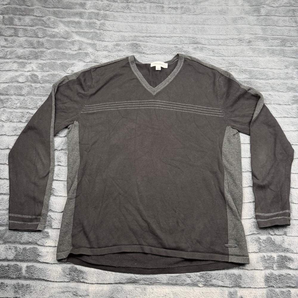 Calvin Klein Mens Black Grey V-Neck Cotton Sweater Large Long Sleeve Striped